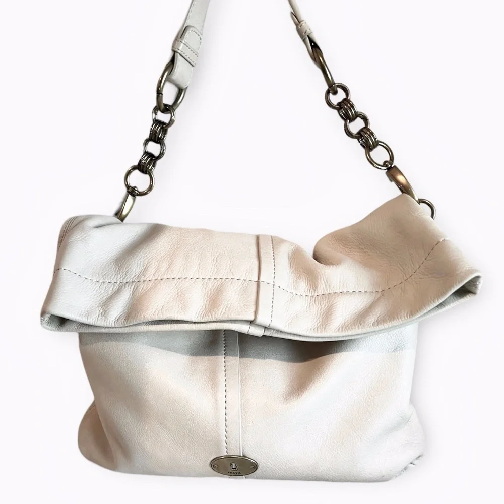 Fossil Quinn Ivory Pebbled Leather Foldover Hobo Bag